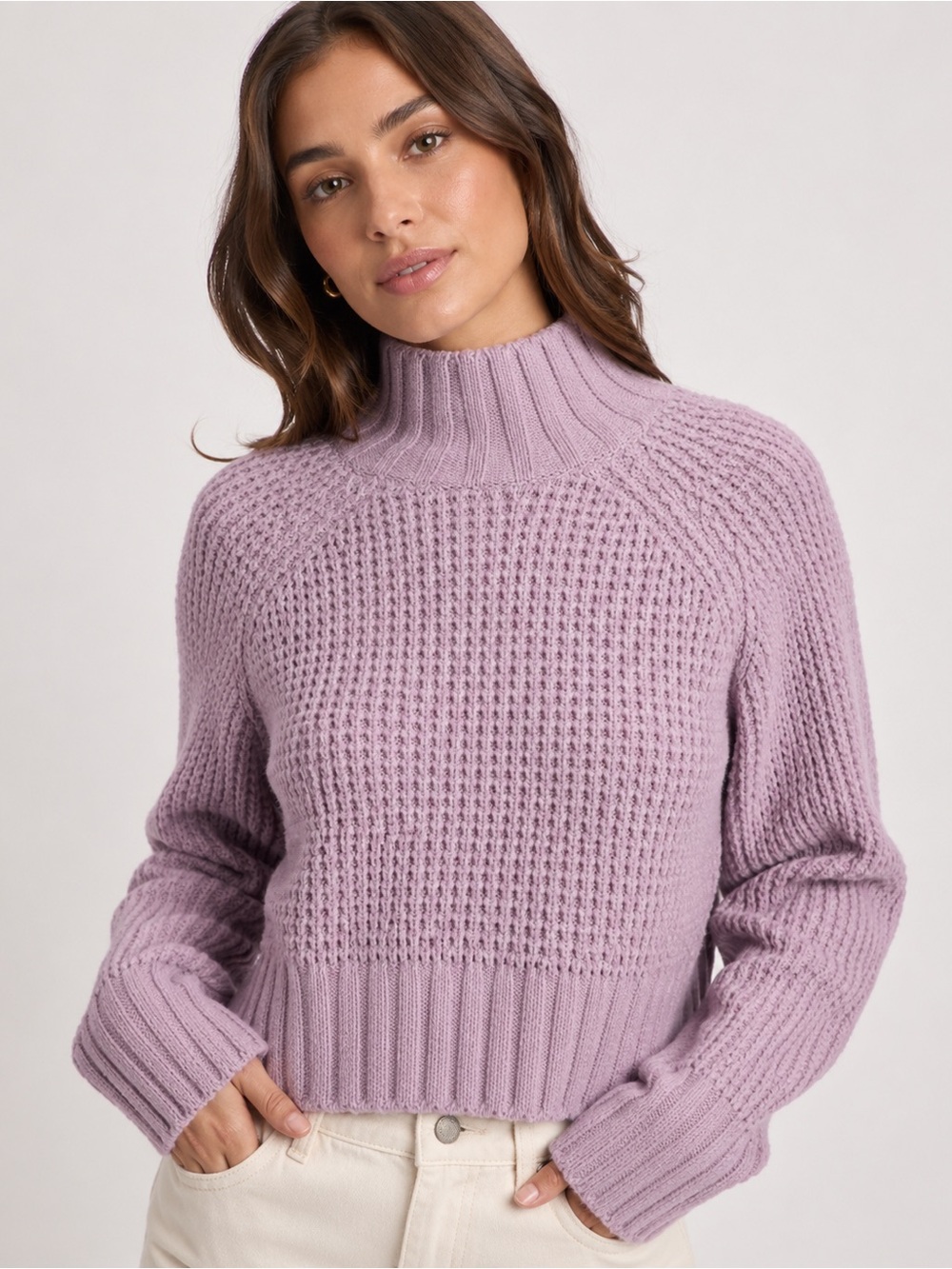 Hippie Rose Women’s Small Lilac Mock Neck Chenille Knit Cropped Sweater